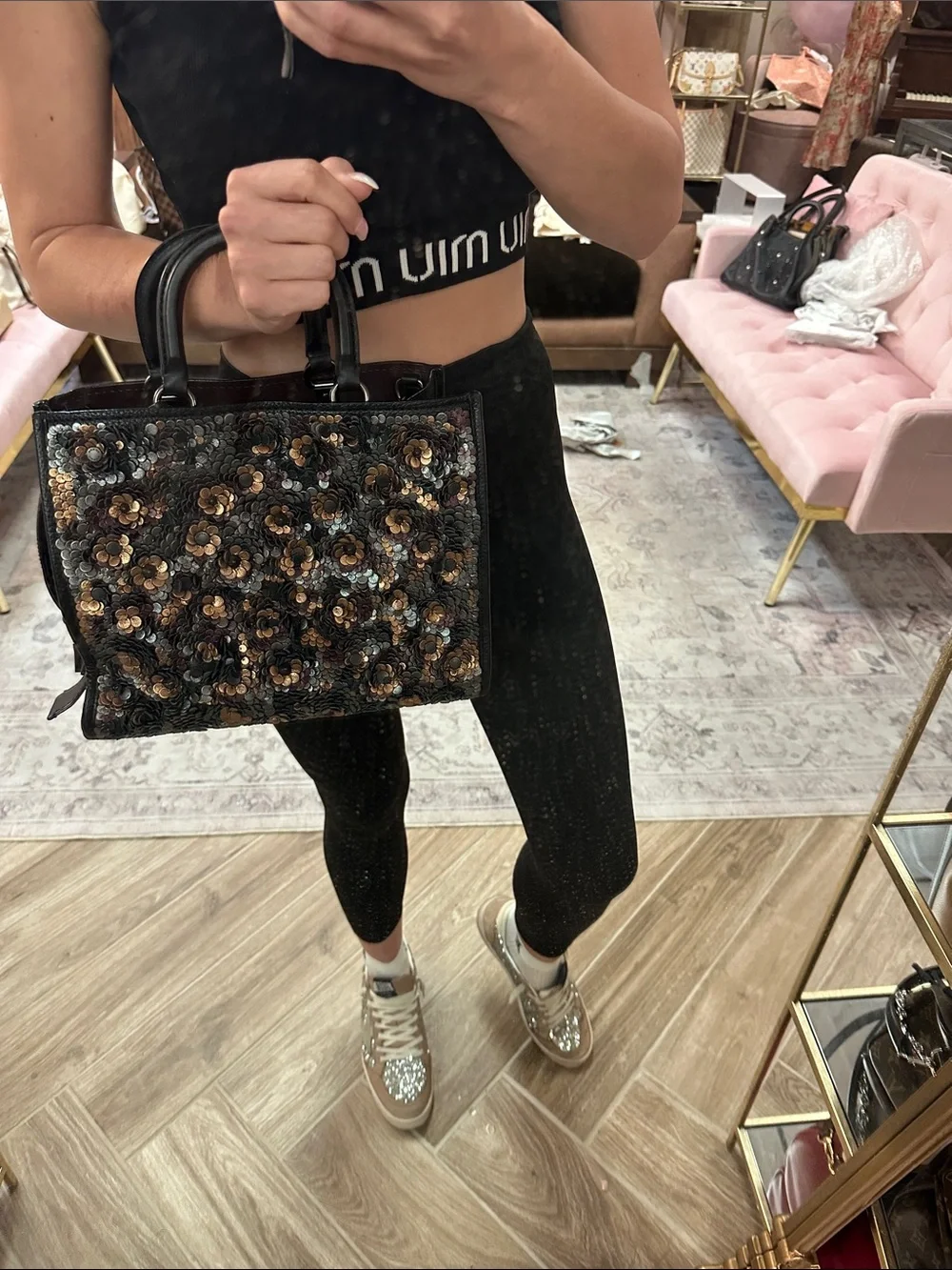 Coach Black Sequin Floral Satchel